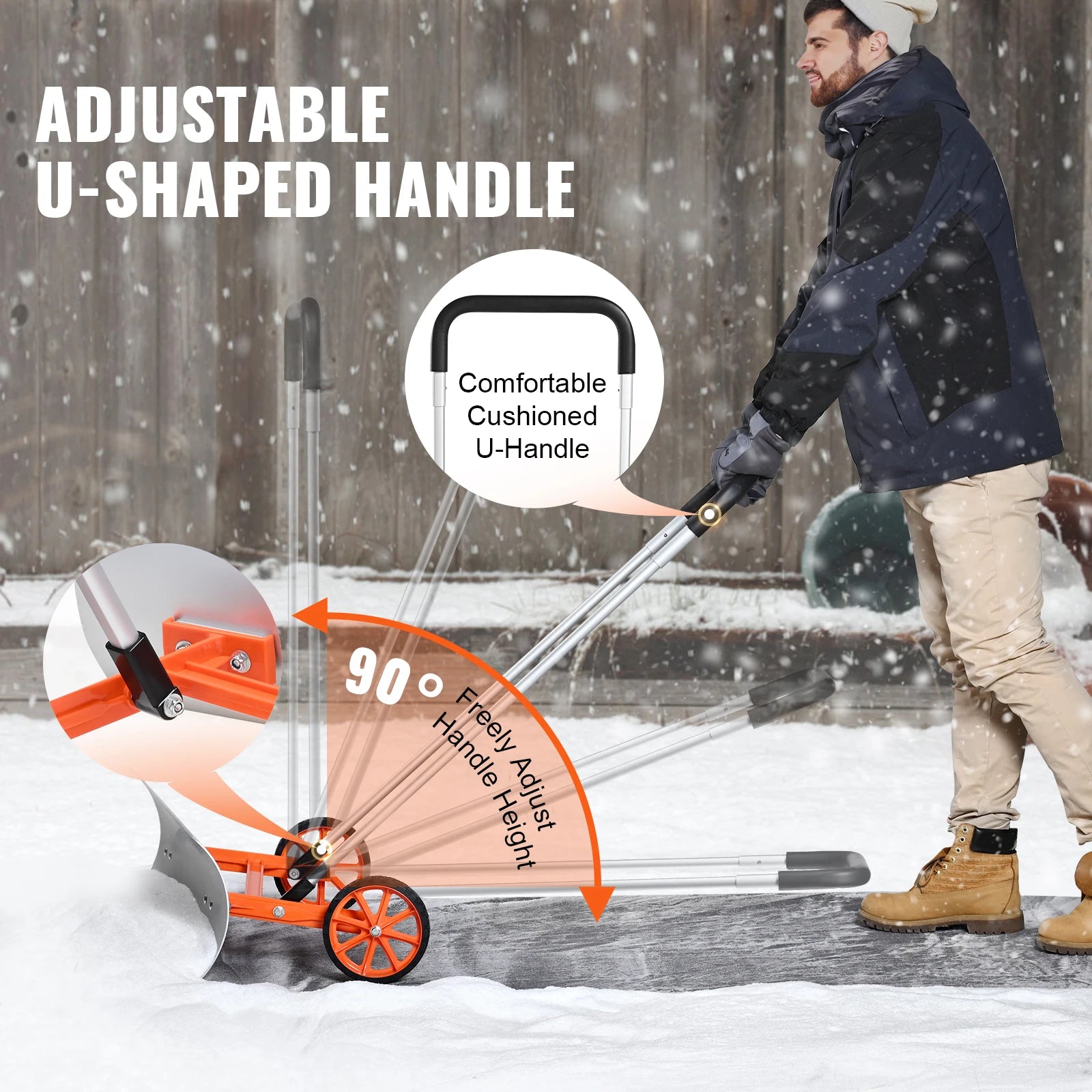 VEVOR Snow Shovel with Wheels 30/36In for Driveway Heavy Duty Shovel Pusher with Wide Blade and U-Shaped Aluminum Alloy Handle