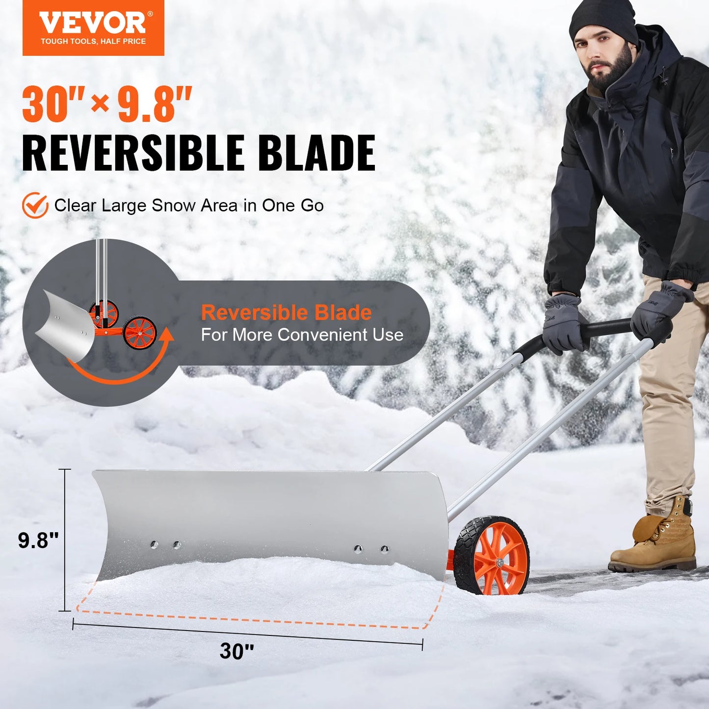 VEVOR Snow Shovel with Wheels 30/36In for Driveway Heavy Duty Shovel Pusher with Wide Blade and U-Shaped Aluminum Alloy Handle