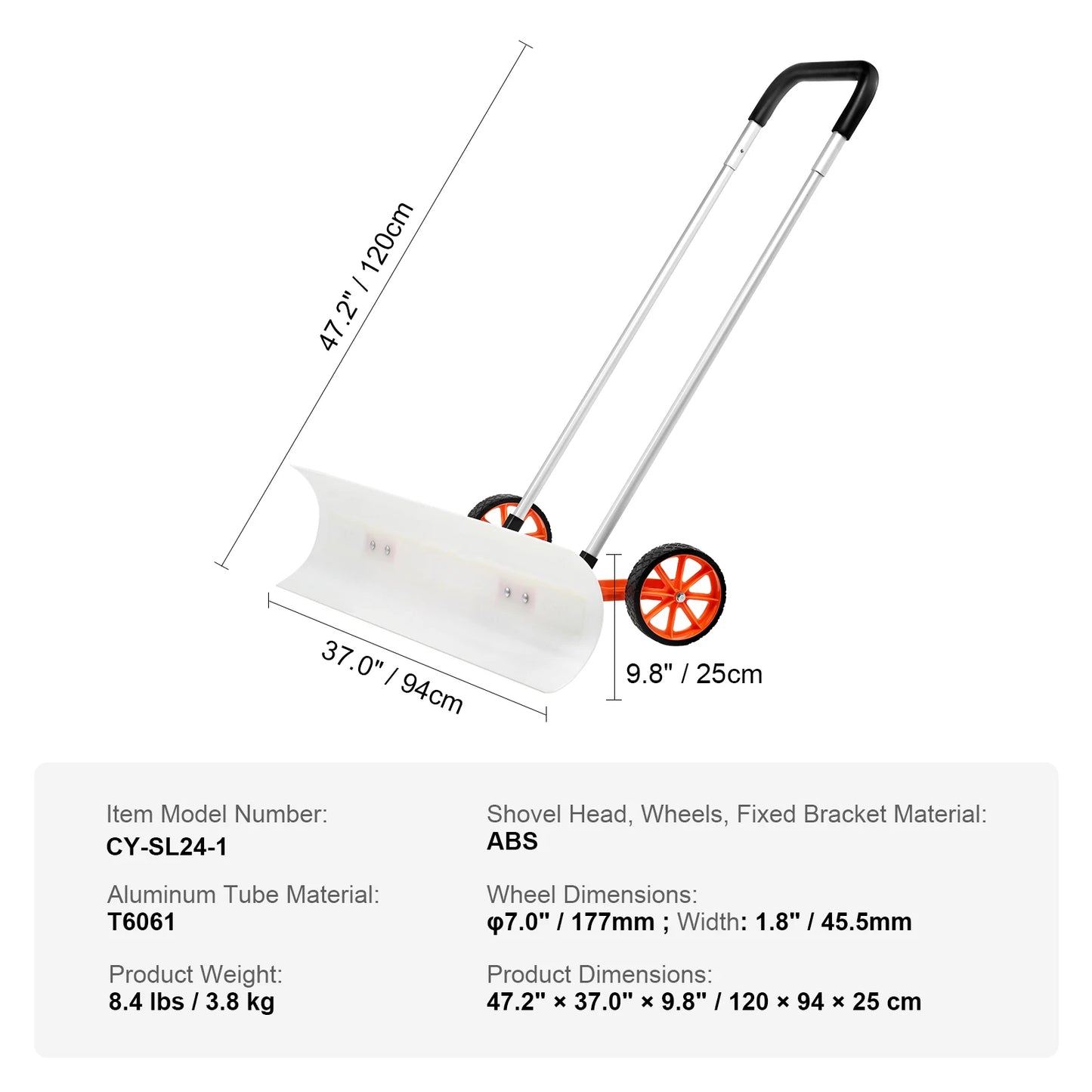 VEVOR Snow Shovel with Wheels 30/36In for Driveway Heavy Duty Shovel Pusher with Wide Blade and U-Shaped Aluminum Alloy Handle